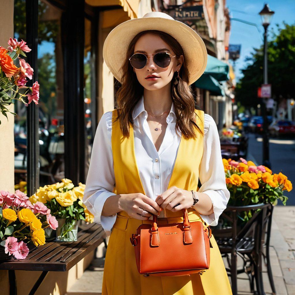 A fashionista transitioning from shadowy, muted tones to vibrant summer colors, reflecting a journey from melancholy to confidence. The scene should include a stylish outfit with summer accessories, set against a backdrop of a sunny, outdoor café filled with bright flowers. Incorporate elements of personal safety, like a fashionable bag equipped with safety gadgets. The mood should be uplifting and empowering. super-realistic. vibrant colors. warm sunlight.